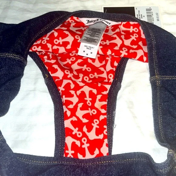 NWT Juicy Couture dark blue Denim look  Nautical print lined Bikini Bottoms Sz M - Picture 4 of 7